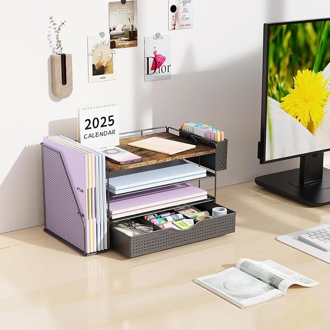 gianotter Wood Desk Organizers and Accessories with File Sorters, 4-Tier Desk Accessories & Workspace Organizers with Drawer and Pen Holder, Desk Reference Organizer (Wood, 4T with Drawer) - Image 3