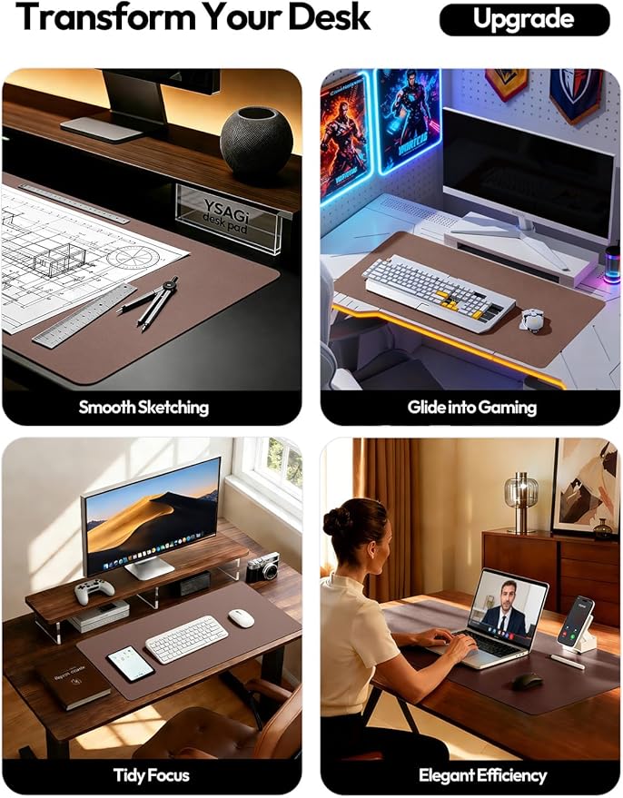 YSAGi Leather Desk Protector, Office Mat, Large Mouse Mat, Non-Slip PU Leather Blotter, Laptop Desk, Waterproof Writing Pad for Office and Home (Chocolate, 35.4" x 17") - Image 2