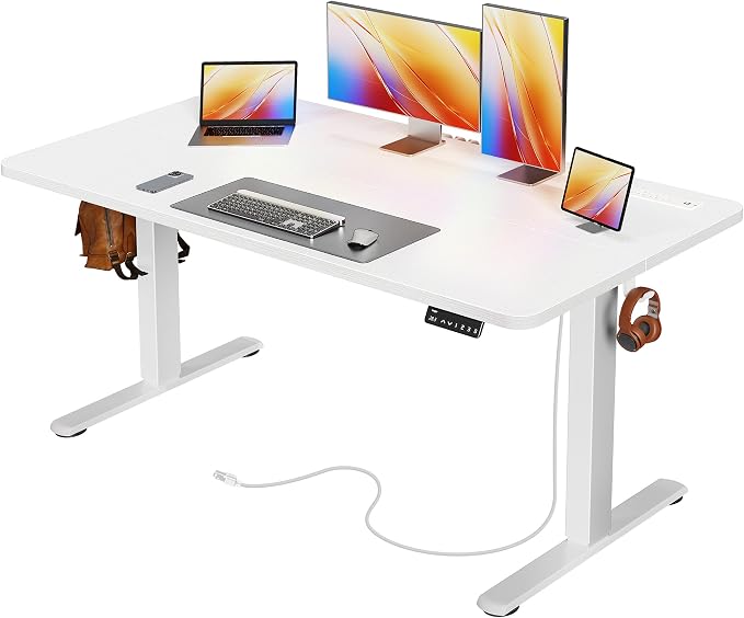 Huuger Electric Standing Desk with Power Outlets and USB-C Port, 55 X 24 Inch Height Adjustable Desk, Sit Stand Desk for Home Office, Computer & Gaming Desk with 4 Presets, Stable Steel Frame, White by Huuger