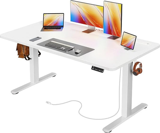 Huuger Electric Standing Desk with Power Outlets and USB-C Port, 55 X 24 Inch Height Adjustable Desk, Sit Stand Desk for Home Office, Computer & Gaming Desk with 4 Presets, Stable Steel Frame, White by Huuger