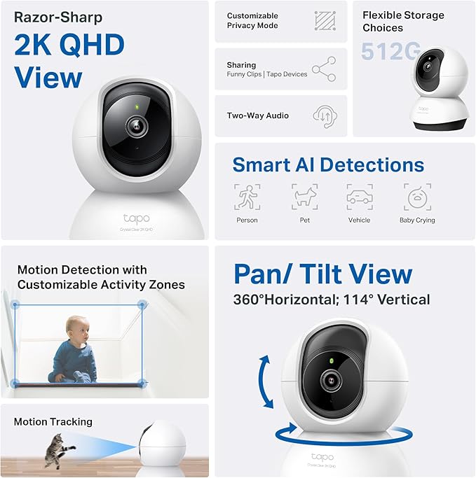 TP-Link Tapo 2K QHD Pan/Tilt Security Camera for Pet Camera, Baby Monitor, Motion Detection, Motion Tracking, 2-Way Audio, Night Vision, Cloud &SD Card Storage, Works w/Alexa & Google Home(Tapo C220) - Image 2