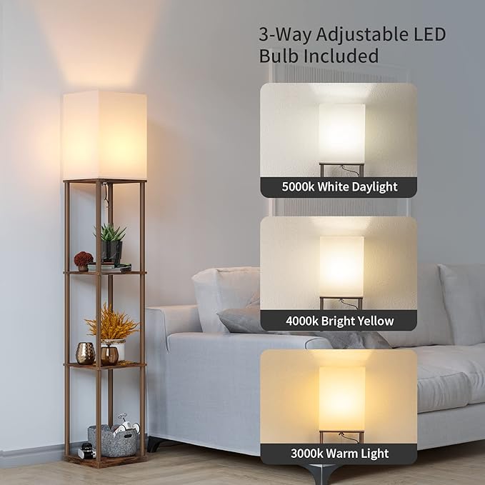 SUNMORY Floor Lamp with Shelves, Modern Square Standing Lamp with 3 Color Temperature Bulb, Corner Display Bookshelf Lamp for Living Room and Bedroom (Rustic Brown) - Image 2
