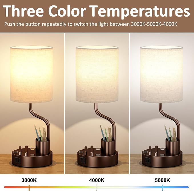Fenmzee Bedside Lamps for Bedroom Set of 2 - Table Desk Lamp for Nightstand | 15" Table Lamp for Living Room with Pen Holder & Phone Stand, USB A+C Port, AC Outlet, 3 Color Temperature, LED Bulb Included - Image 2