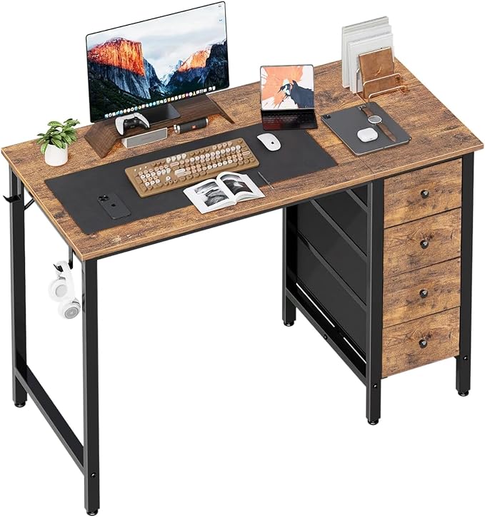 Lufeiya 47 inch Computer Desk with 4 Drawers, Reversible Writing Work Study Desk for Home Office Bedroom, Modern Simple Student PC Desks, Rustic Brown by LUFEIYA