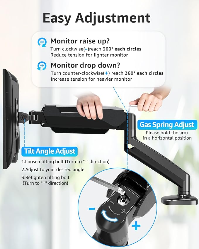 MOUNTUP Single Monitor Desk Mount Holds Screen up to 32 inch, Height Adjustable Monitor Arm, Full Motion Computer Monitors Stand with Clamp/Grommet Base, VESA Mounts Fit 4.4-17.6lbs Computer, Black - Image 2