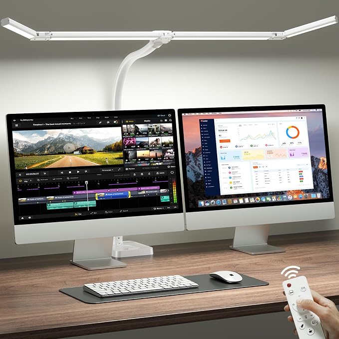 ONEMIX 42" LED Desk Lamp for Home Office, Eye-Caring Desk Light with Adjustable 4-Segment Bar, 1800LM Bright, Remote, Architect Table Lamp with Base for Dual Monitors, Reading, Study, Workbench(White) by DeskLamp