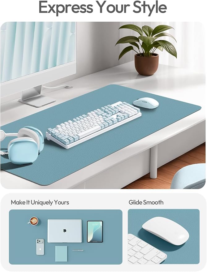 YSAGi Leather Desk Protector, Office Mat, Large Mouse Mat, Non-Slip PU Leather Blotter, Laptop Desk Mat, Waterproof Writing Pad for Office and Home(Aquamarine, 55" x 24") - Image 3