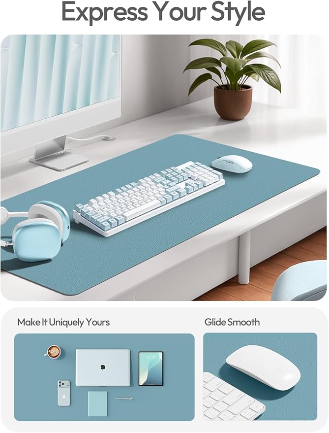 YSAGi Leather Desk Pad Protector, Office Desk Mat, Large Mouse Pad, Non-Slip PU Leather Desk Blotter, Laptop Desk Pad, Waterproof Desk Writing Pad for Office and Home (Aquamarine, 23.6" x 13.8") - Image 2