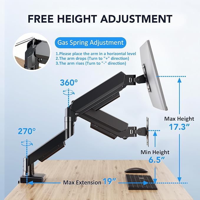 Dual Monitor Stand, Adjustable Monitor Desk Mount for 17″–32″ Computer Screens, Full Motion VESA 75x75/100x100 with C-Clamp & Grommet Aluminum Base, Each Arm Holds 4.4 to 20 lbs AX09DB201 - Image 6