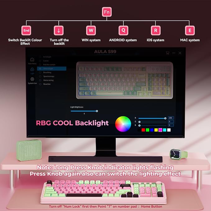 AULA Keyboard, Wireless Gaming Keyboard Creamy Bluetooth Computer Keyboards | 99 Key, Membrane Keyboard with Number Pad,RGB Backlit,Tri-Mode BT/2.4GHz/USB-C,Pink&Green&Coffee Color - Image 5