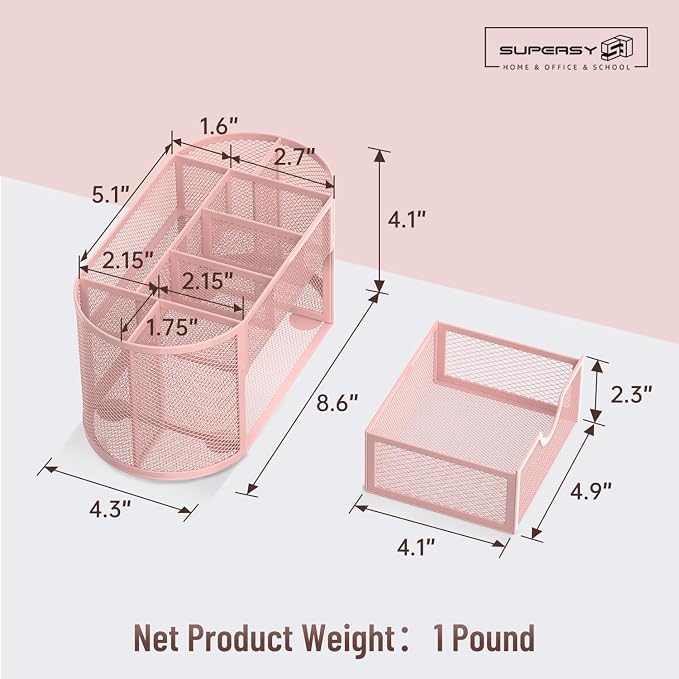 Mesh Desk Organizer with Drawer, 9-Compartment Pen Holder for Desk, Pink | Pull-Out Drawer Stores Pens, Pencils, Clips, Notes, and Small Office or School Supplies in One Compact Desk Caddy - Image 4