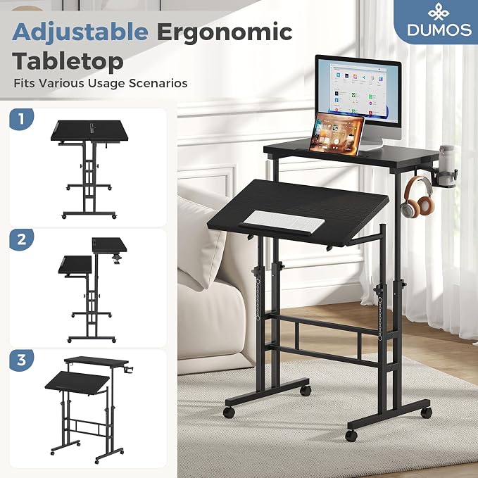 DUMOS Rolling Standing Desk, Sit Stand Desk, Computer Cart | 23.6 Inch Width, Height Adjustable, Split Top, Mobile Laptop Workstation, Office Table, Portable Design, Black - Image 4