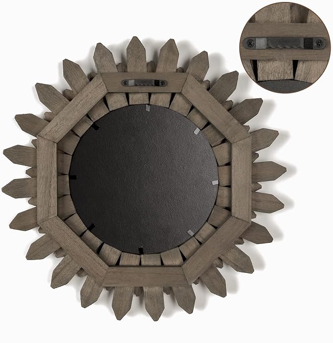 Honiway Farmhouse Wall Decor Mirror 12 inch Sunburst Boho Wood Mirror Rustic Home Decor Room Decoration for Bedroom Living Room Weathered Grey - Image 8