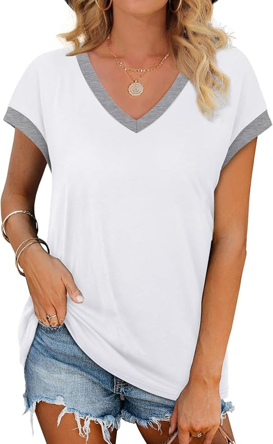 WIHOLL Womens Summer Tops 2026 Cap Short Sleeve Shirs V Neck T Shirts Fashion Beach Vacation Clothes Color Block by WIHOLL