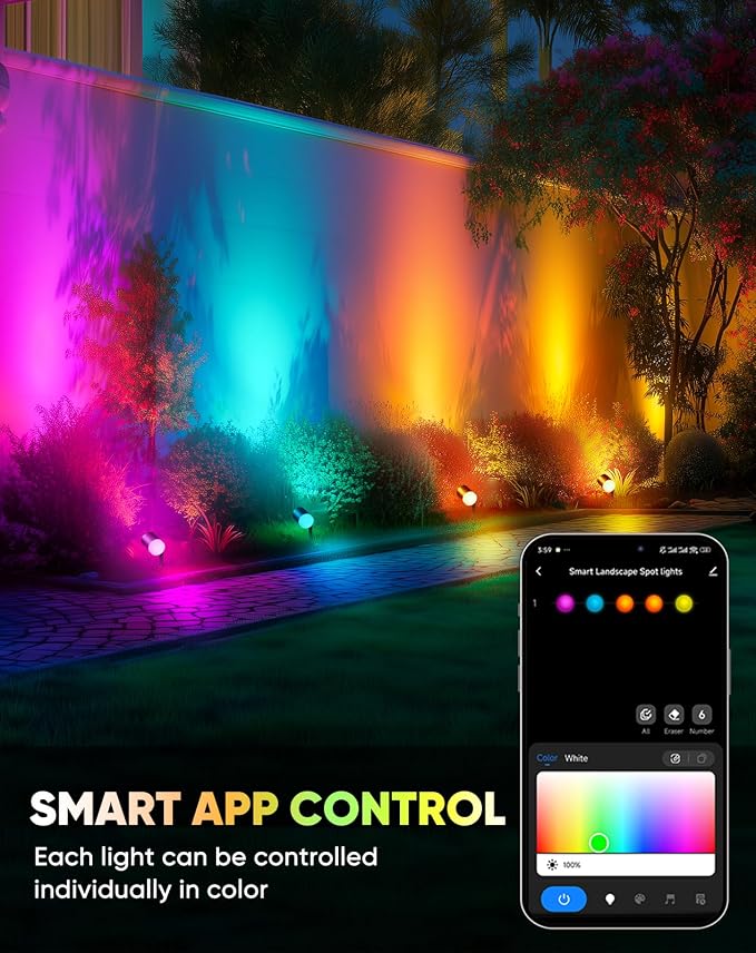 GZBtech Outdoor Smart Landscape Lights 4-Pack, Plug-in RGBIC+CCT Color Changing LED Spotlights, IP65 Waterproof, App Control Work with Alexa, Dimmable Aluminum LED Pathway Lights for Garden Yard Decor - Image 4