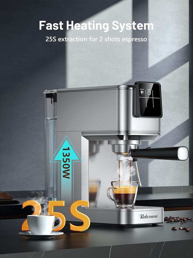 RELEXNOW Espresso Machine, 20 Bar Espresso Maker Milk Frother & LCD Panel, Hot & Iced Coffee Machine, Stainless Steel Espresso Coffee Machine with 41oz Water Tank for Cappuccino, Latte - Image 3
