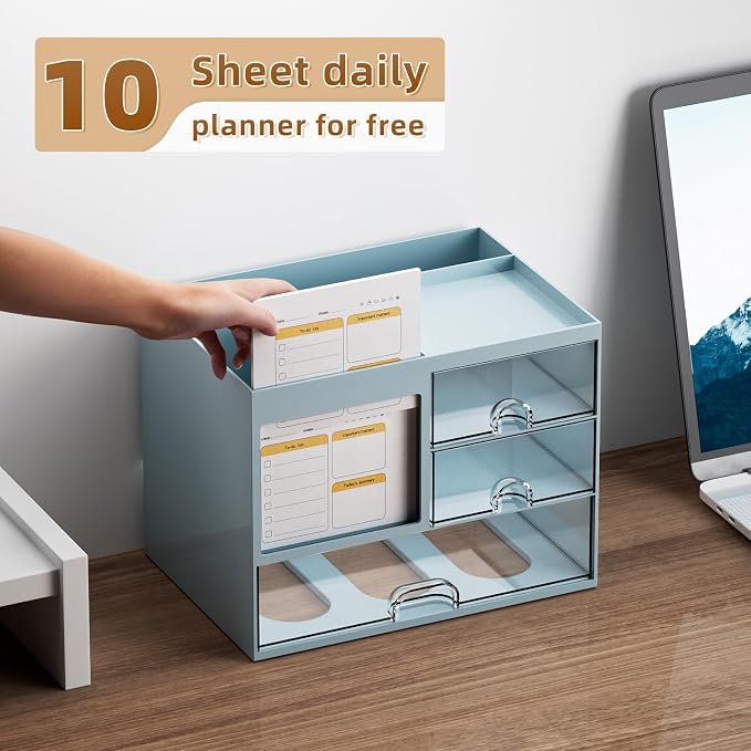 Marbrasse Desk Organizer with 3 Drawer, Multi-Functional Pencil Pen Holder for Desk, Desktop Organizer Storage for Office Home Art Supplies (Blue) - Image 3
