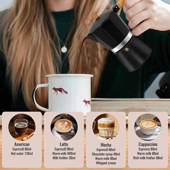 3 Cup Aluminum Moka Pot Classic Stovetop Espresso Coffee Maker 150ml 5oz Coffeemaker Percolator Mocha Pot Greca Coffee Maker Cafe Makers for Italian and Cuban Café Brewing Black - Image 7