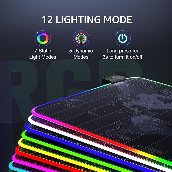 KTRIO RGB Large Gaming Mouse Pad, 31.5 x 15.7 in, RGB World Map, XXL | Smooth Micro-Weave Surface, RGB Lighting Design, Non-Slip Rubber Base, Durable Stitched Edges, Office & Home Use - Image 2