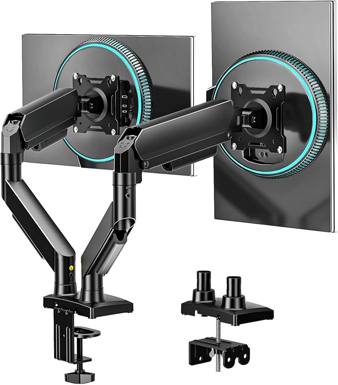 Dual Monitor Stand, Adjustable Monitor Desk Mount for 17″–32″ Computer Screens, Full Motion VESA 75x75/100x100 with C-Clamp & Grommet Aluminum Base, Each Arm Holds 4.4 to 20 lbs AX09DB201 by 1
