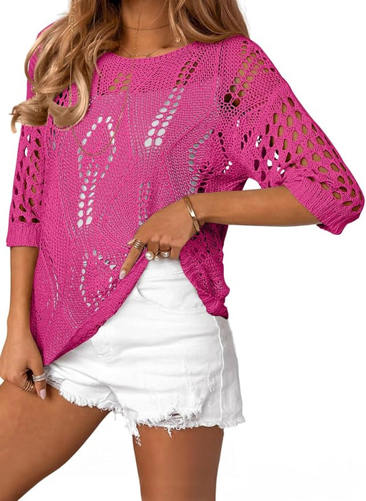 EVALESS Womens Crochet Hollow Out Knit Tops Half Sleeve Spring Summer Sweaters Beach Cover Ups for Women Trendy 2026 by EVALESS