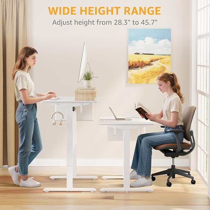 White Electric Sit To Stand Desk - 40 Inch Small Computer Desk Adjustable Height for Work Study Writing, Compact Sit Stand up Desks Table Workstation for Small Space Adult Boy Girl Home Office Bedroom - Image 4