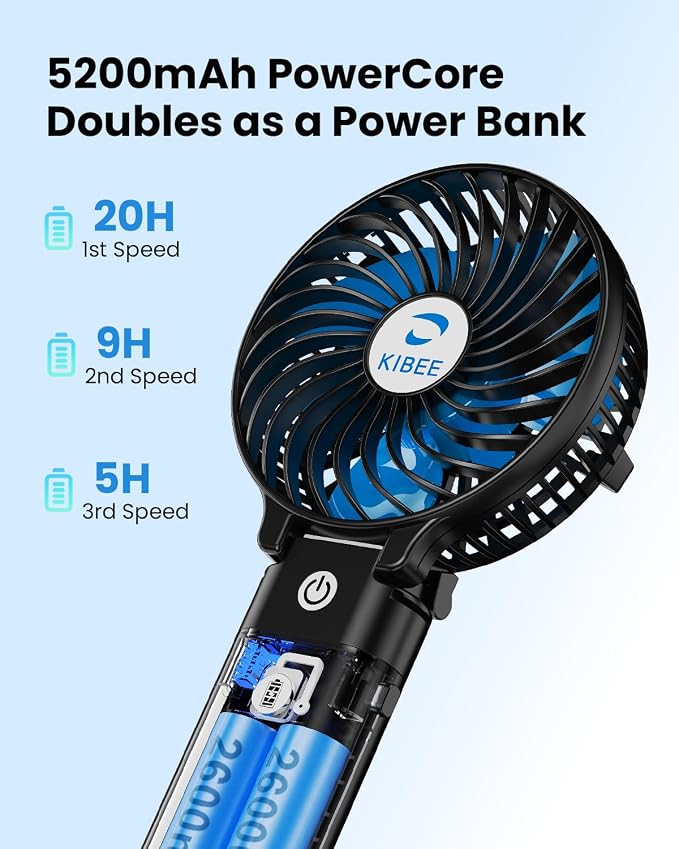 KIBEE Portable Handheld Fan, 5200mAh Rechargeable Fan with Power Bank, Up to 20H Runtime, 180° Foldable Mini Fan, 3-Speed Strong Airflow Personal Fan for Travel, Concert, Cruise, Camping - Image 3
