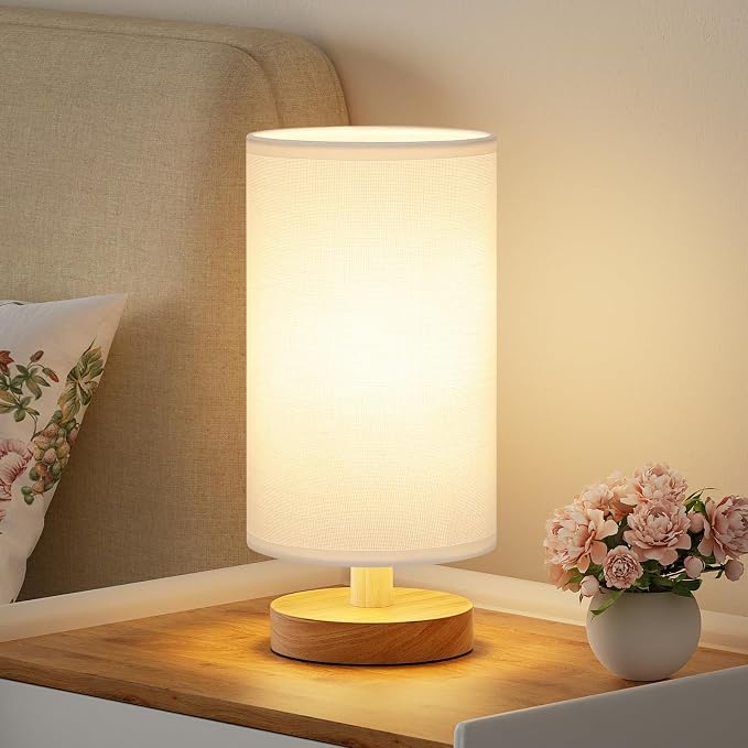 Fenmzee Small Table Lamps (White Shade - Wood Base, 9" Inline Control) | 3000K LED Blub Included | 680 Lumens | Easy Assembly | Minimalist Design | E26 | for Kitchen | for Kids Room by Fenmzeelighting