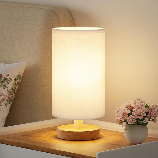 Fenmzee Small Table Lamps (White Shade - Wood Base, 9" Inline Control) | 3000K LED Blub Included | 680 Lumens | Easy Assembly | Minimalist Design | E26 | for Kitchen | for Kids Room by Fenmzeelighting