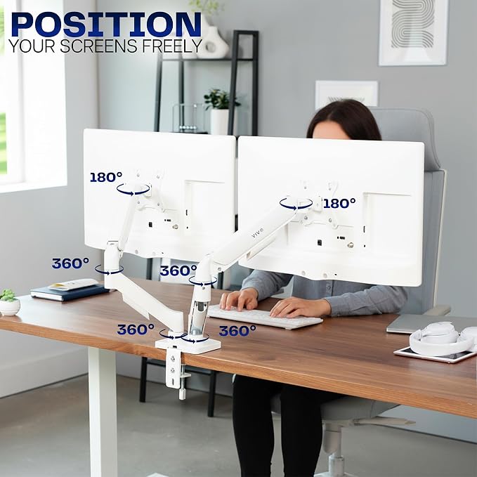 VIVO Dual Monitor Stand, Fully Adjustable Arms for 17 to 32 inch Screens, Mechanical Articulating Desk Mount, Gaming and Office Setups, VESA 75x75, 100x100, Max 19.8 lbs, Classic, White, STAND-V002OW - Image 5
