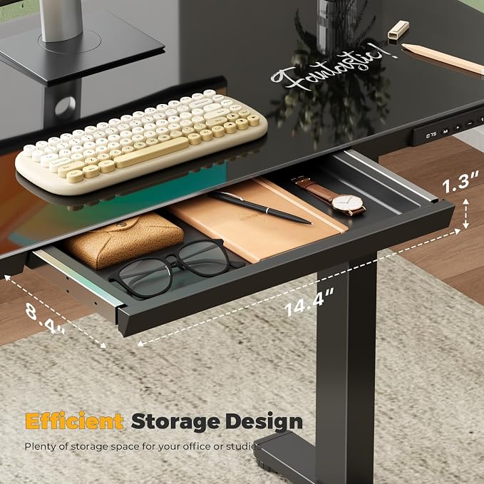 35" Electric Standing Desk with Drawer, One-Piece Glass Top | Quick Install One-Piece Tabletop with USB Charging Ports, Sit Stand Computer Desk with Wheels for Small Space, Black - Image 3