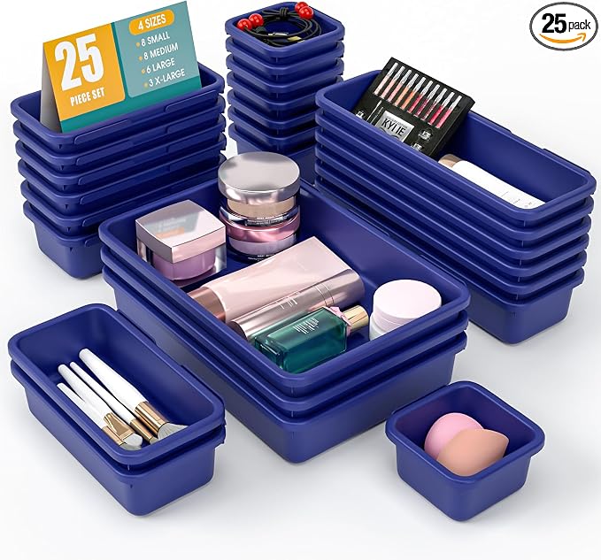 25 PCS Drawer Organizer Set, 4 Size Makeup Drawer Divider Organizer With Non-Slip Pads, Interlocking Plastic Storage Bins for Office,Jewelry Vanity,Gadgets, Bathroom,Kitchen, Navy by StoreHappily
