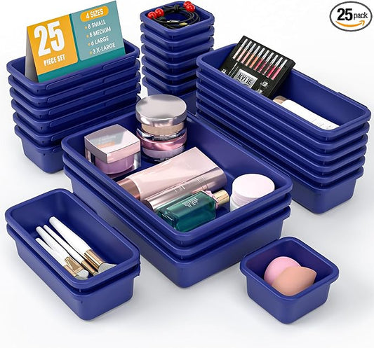 25 PCS Drawer Organizer Set, 4 Size Makeup Drawer Divider Organizer With Non-Slip Pads, Interlocking Plastic Storage Bins for Office,Jewelry Vanity,Gadgets, Bathroom,Kitchen, Navy by StoreHappily