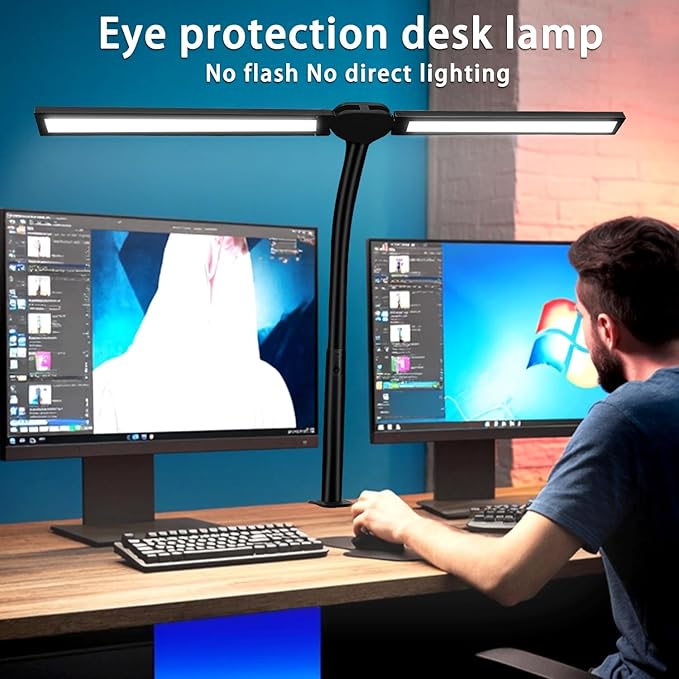 Double Head LED Desk Lamp for Office - Eye Caring Lamp with Clamp | Flexible Adjustable Lighting Gooseneck Desk Light, 4 Color Modes & 5 Brightness Levels for Monitor Workbench Study - Image 2