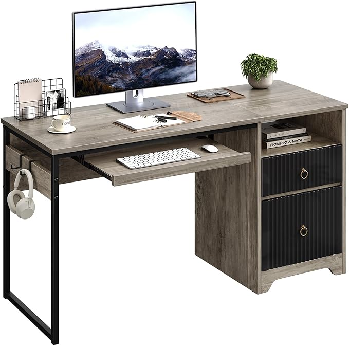 Bestier 55Inch Modern Fluted Desk with Drawers & Keyboard Tray, Grey | 55 X 22 In Work Surface, File Drawer, Reversible Pedestal, Fluted Panels And Keyboard Tray For Home Office Storage. by Bestier