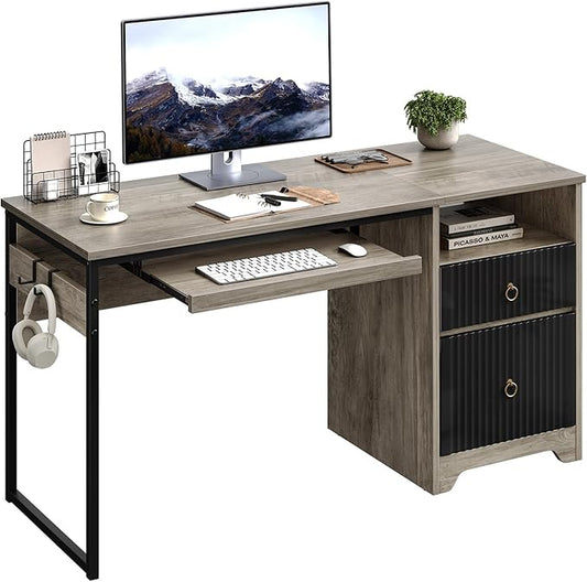 Bestier 55Inch Modern Fluted Desk with Drawers & Keyboard Tray, Grey | 55 X 22 In Work Surface, File Drawer, Reversible Pedestal, Fluted Panels And Keyboard Tray For Home Office Storage. by Bestier