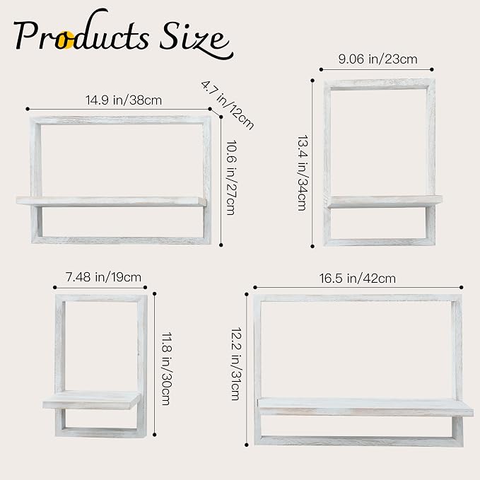 PHOENANCEE Square Floating Shelves,Framed Wall Shelf Decorative Set of 4,Modern Plants Hanging Display Art Decor Storage for Livingroom Bedroom Bathroom Farmhouse,Home Light Wood,Rustic White - Image 3