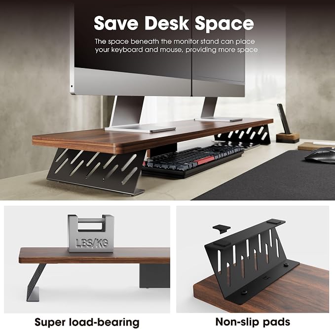 Fenge Dual Monitor Stand Riser, 42.5 Inch Desk Top Shelf for 2 Monitors, Computer Stands for Desk, Wood & Steel Desktop Riser for Laptop, PC, Printer - Image 6