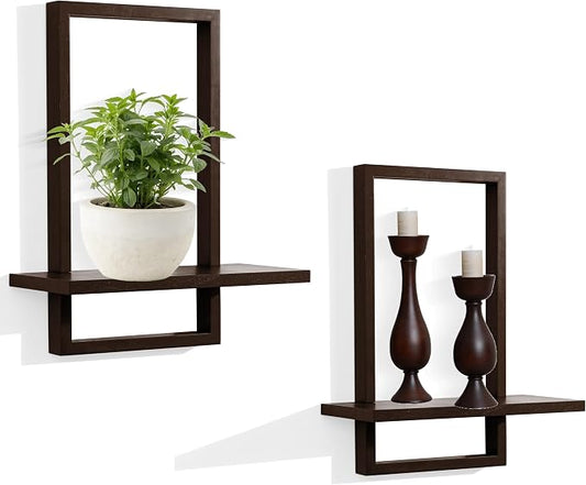 PHOENANCEE Square Floating Shelves,Wall Plants Holder,Bathroom Wall Decor,Framed Decorative Shelf Black,Modern Chic Set of 2 for Living Room Bedroom Home Office,Soild Wood,L+S(Walnut by PHOENANCEE