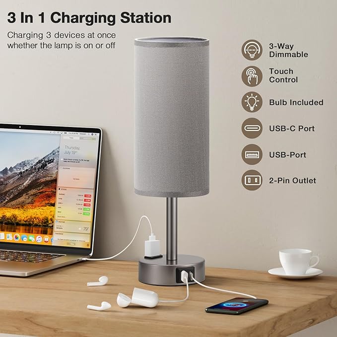 Fenmzee Grey Bedside Table Lamp for Bedroom - 3 Way Dimmable Touch Lamp USB C Charging Ports and AC Outlet, Small Lamp for Living Room, Desk, LED Bulb Included - Image 2