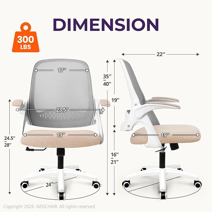 NEO CHAIR Office Desk Gaming Ergonomic Computer Chair with Lumbar Back Support Adjustable Height Swivel Rolling Wheels Flip-up Arms Mesh Chair for Home Vanity (Beige) | Lumbar Support, Height Adjustment, 360° Swivel and Rolling Base, Space-Saving Desig... - Image 2