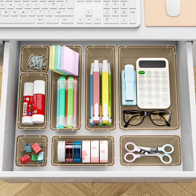 12 PCS Drawer Organizer Set, Makeup Organizers, Champagne | 4 Sizes, Plastic, Stackable, Multiple Gadgets, Desk Drawer Divider Organizers, for Makeup, Office Supplies Storage - Image 6