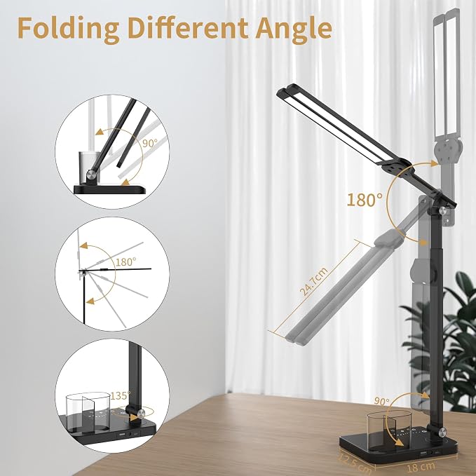 Woputne LED Desk Lamp Dual Heads, Dual USB Port, Height Adjustable, 15W | 5 Light Modes & Dimmable Brightness,Desk Lamps for Home Office Bedside Lamp for Reading, Craft, Work, Study (Black) - Image 6