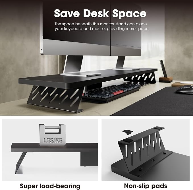 Fenge Dual Monitor Stand Riser, 42.5 Inch Desk Top Shelf for 2 Monitors, Computer Stands for Desk, Wood & Steel Desktop Riser for Laptop, PC, Printer - Image 6