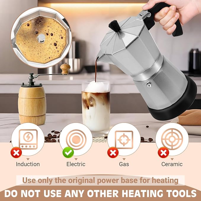 Electric Moka Pot, 3 or 6 Cup Espresso Coffee Maker, Silver | Food-grade aluminum, dose reduction plate, boil-dry protection, auto-stop, detachable base, for Cuban and Italian coffee - Image 4