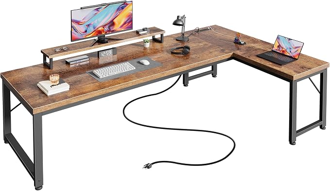PRAISUN 61" L Shaped Computer Desk, Outlets, Monitor Stand, Rustic Brown | USB-C Ports, Reversible Charging Station, Spacious Desktop & Legroom, 0.94 Inch Thick Desktop, for Gaming, Study & Work by PRAISUN