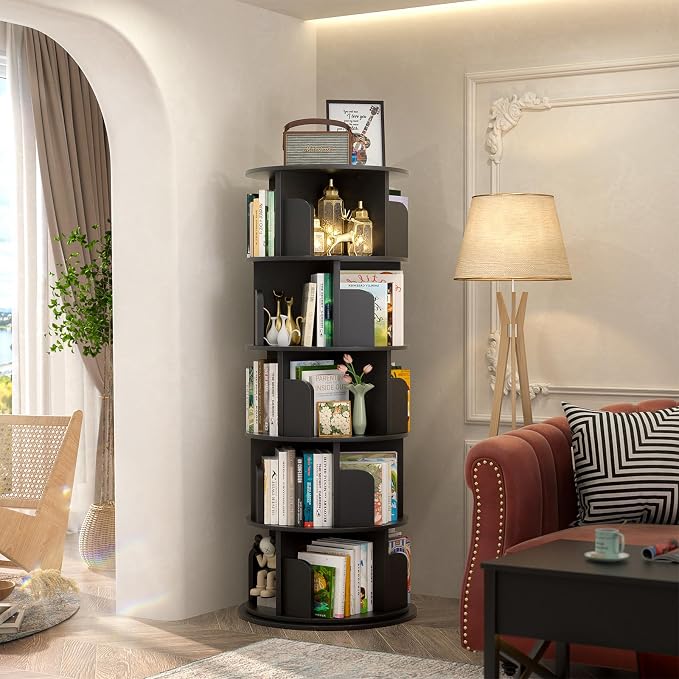 Aheaplus Rotating Bookshelf, 360 Display Wood Spinning Bookshelf Tower, 5 Tier Floor Standing Bookcase Storage Rack, Revolving Bookcase Corner Bookshelf for Small Space, Bedroom, Study Room, Black - Image 2
