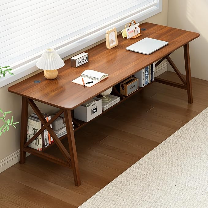 NELYE Extra Long Writing Desk with Bookshelf, 71" Wx24 Dx30 H, Walnut | Wooden Home Office Work Study Table, Computer Gaming Workstation with Storage Shelf, Sturdy MDF Resists Wobble by NELYE