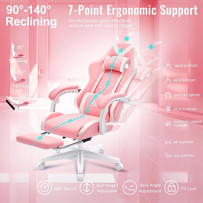 Gaming Chair,Ergonomic Massage Office Desk Chair with Footrest,Pink | Pocket Spring Cushion,Reclining,Thick High Back,Headrest and Lumbar Support,Adjustable Leather Computer Chair Gamer Chair - Image 6