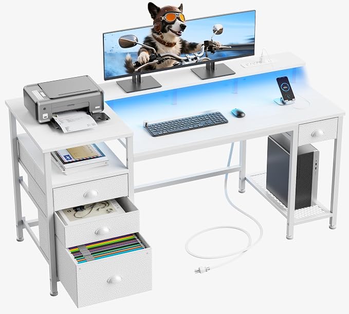 Furologee 60" White Computer Desk with 4 Drawers, Power Outlet, LED Lights | Home Office Desk with Full Monitor Stand,Storage Shelves, 4 File Drawers Cabinet ,Printer Space for Study Working Bedroom by Furologee